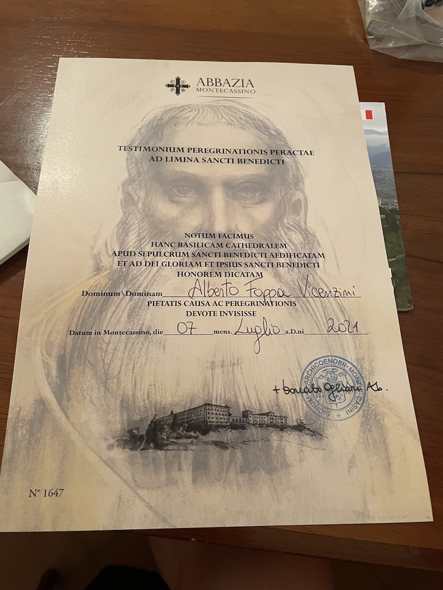 Cammino di San Benedetto - Testimonium finale del pellegrino