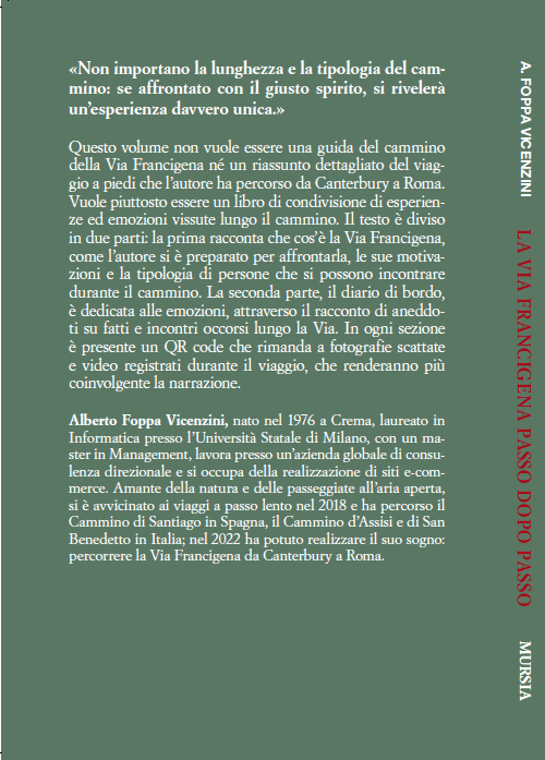 Quarta di copertina del libro La Via Francigena passo dopo passo con descrizione del diario di pellegrinaggio da Canterbury a Roma